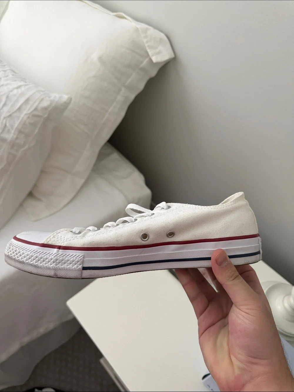 Converse White Canvas Low-Top Sneakers with Red Heel Stripe - Picture 8 of 10